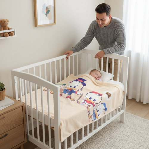 couverture bébé Papa regardant son bébé dans le berceau avec couverture canards famille