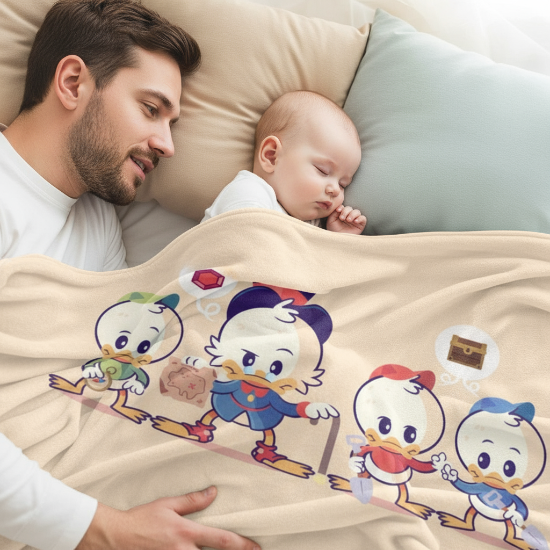 couverture bébé Papa regardant son bébé endormi avec couverture canards famille