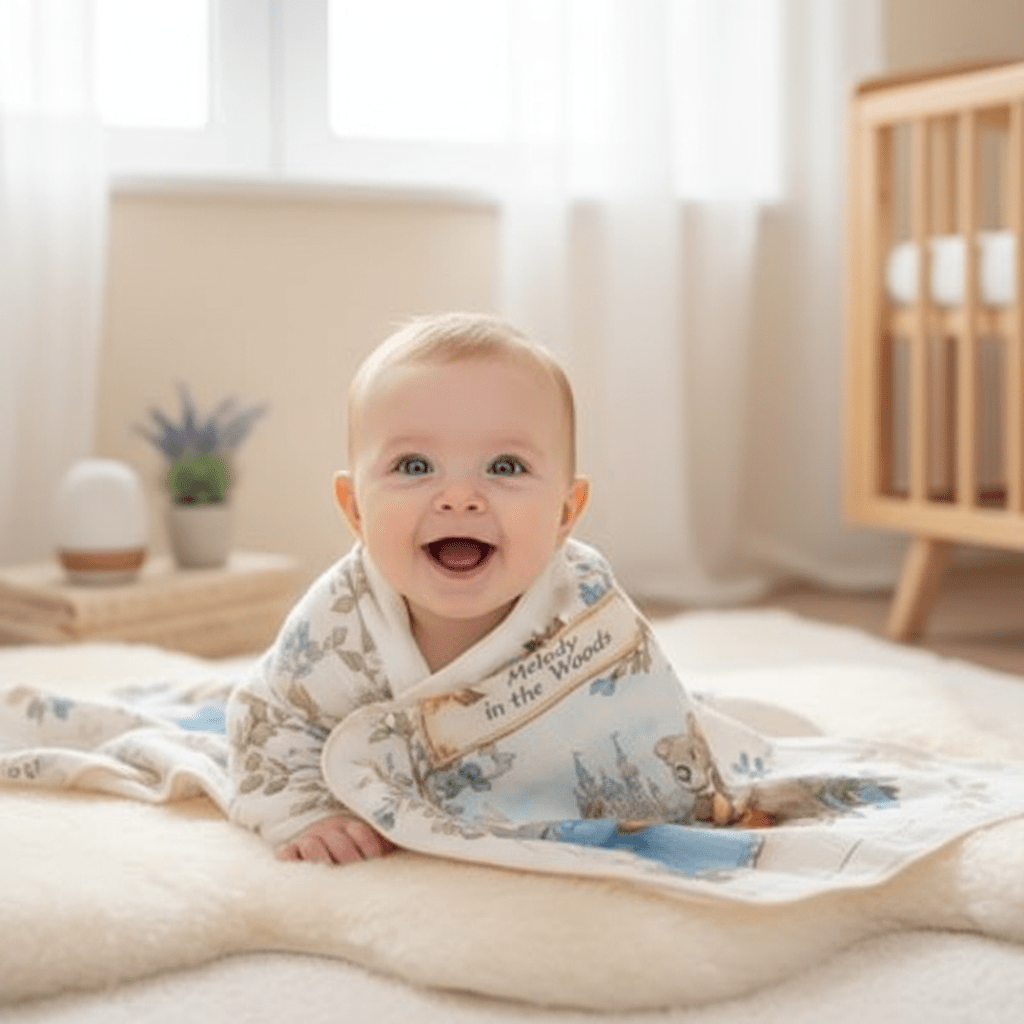 couverture d'emmaillotage pour bébé
et petit Bébé souriant avec couverture lapins