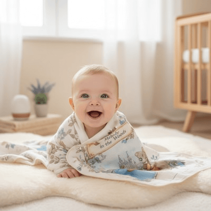 couverture d'emmaillotage pour bébé
et petit Bébé souriant avec couverture lapins
