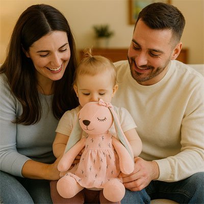 doudou naissance fille 
et sa doudou bebe fille Peluche lapin rose pastel