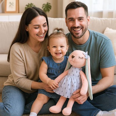 doudou naissance fille avec ses parents
 doudou bebe fille Peluche lapin bleu 