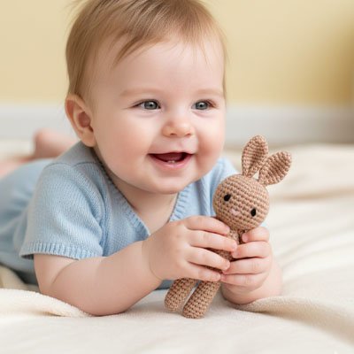 doudou bébé garçon et son doudou lapin
