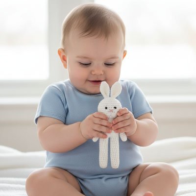doudou bébé garçon et son doudou lapin
