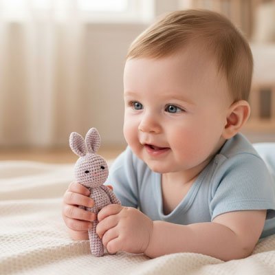 doudou bébé garçon et doudou lapin gris 
