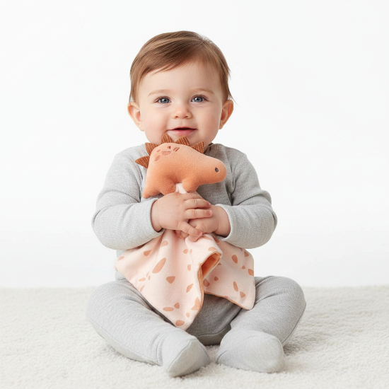 Doudou BEBE Garcon dinosaure orange avec bébé garçon