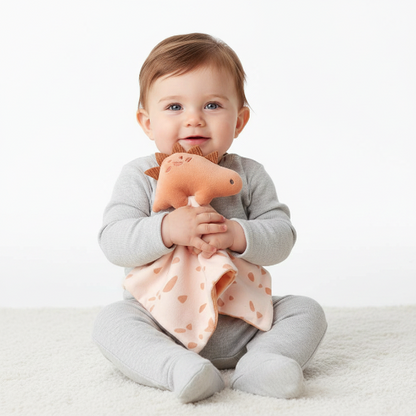 Doudou BEBE Garcon dinosaure orange avec bébé garçon