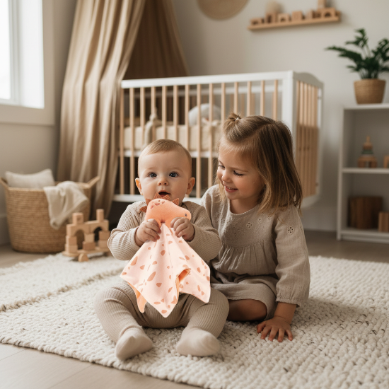 Doudou BEBE Garcon dinosaure orange — frère et sœur