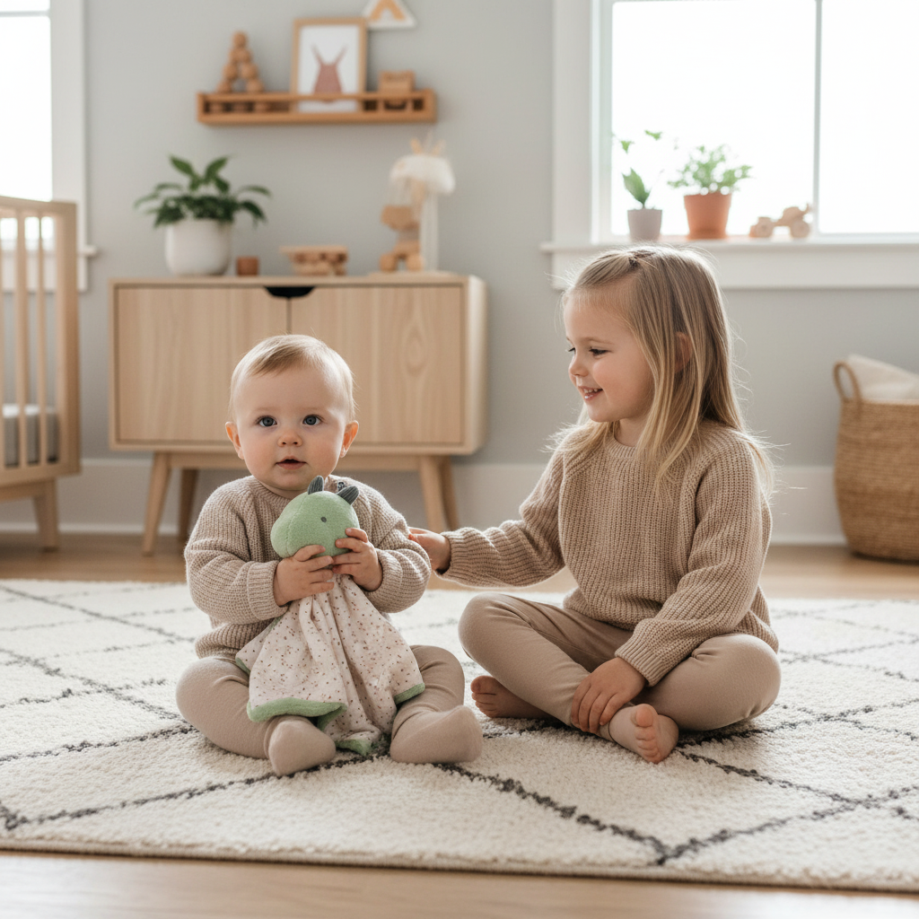 Doudou dinosaure vert — frère et sœur