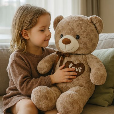 ours en peluche geant fillette et doudou garcon
