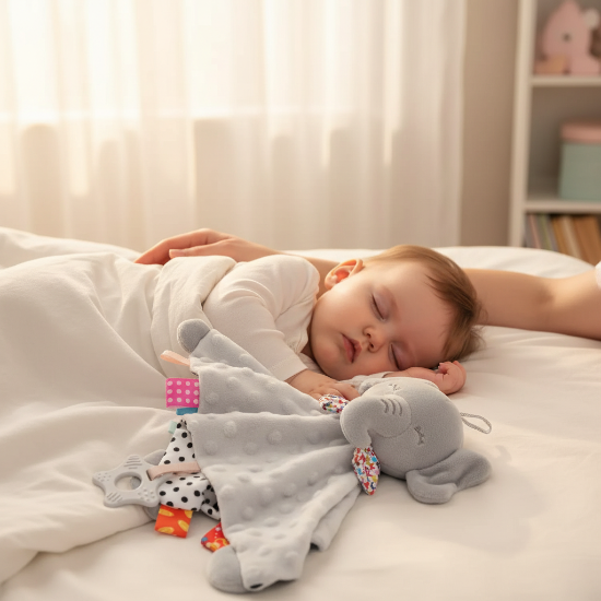 doudou bébé fille et un Doudou éléphant gris bébé endormi main maman