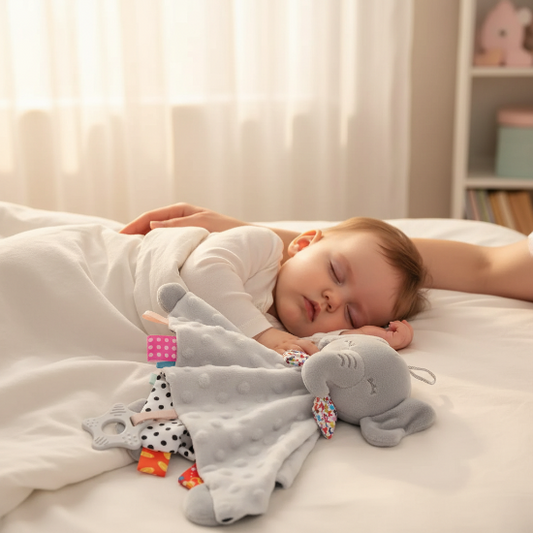 doudou bébé fille et un Doudou éléphant gris bébé endormi main maman