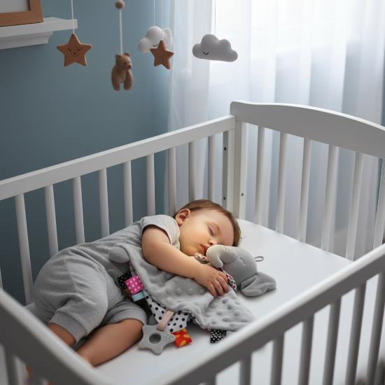 doudou bébé fille avec un Doudou   éléphant gris endormi lit