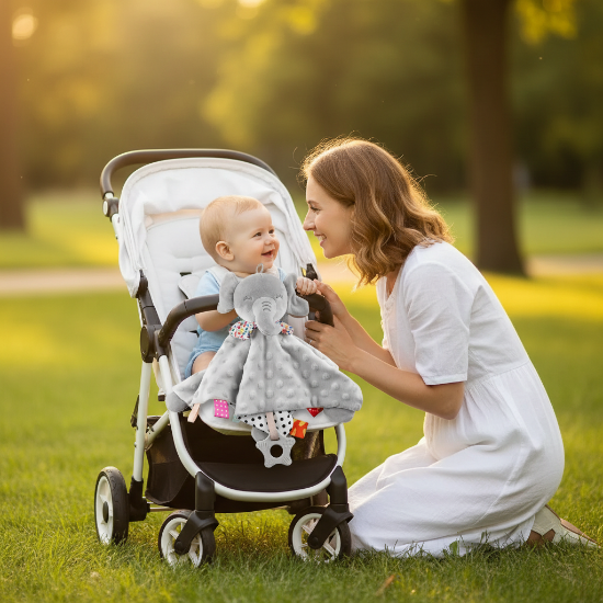 doudou bébé fille éléphant maman agenouillée poussette parc
