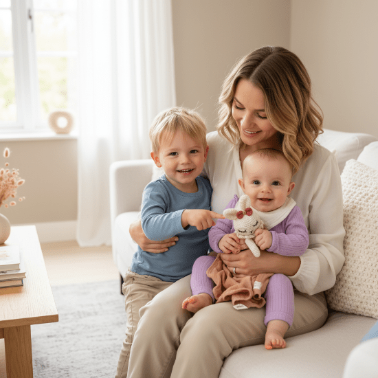 doudou bébé fille famille canapé maman frère bébé