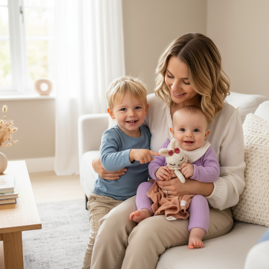 doudou bébé fille famille canapé maman frère bébé