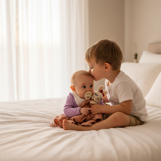doudou bébé fille bebe assise grand frère bisou bébé lit