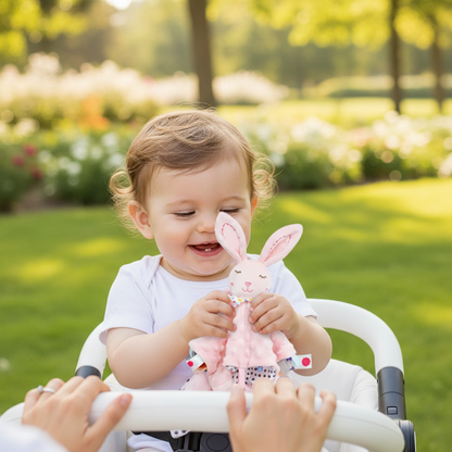 doudou bébé fille avec Doudou lapin rose bébé poussette parc