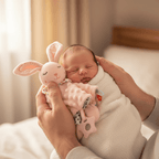doudou bébé fille avec Doudou lapin rose mains papa nouveau-né