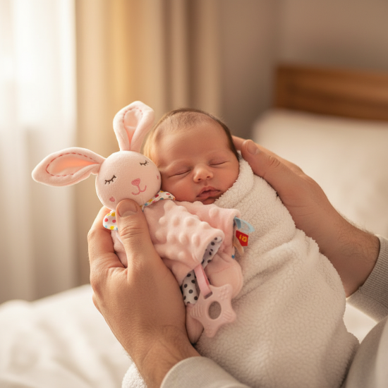 doudou bébé fille avec Doudou lapin rose mains papa nouveau-né