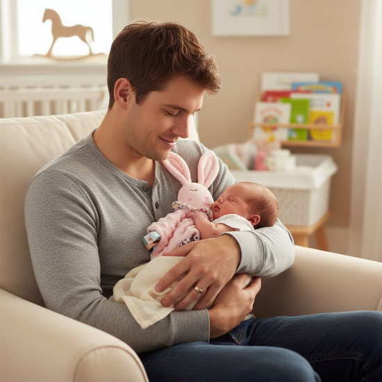 doudou bébé fille avec Doudou lapin rose papa fauteuil bébé endormie