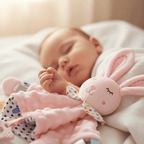 doudou bébé fille avec un Doudou lapin rose petite main bébé endormi