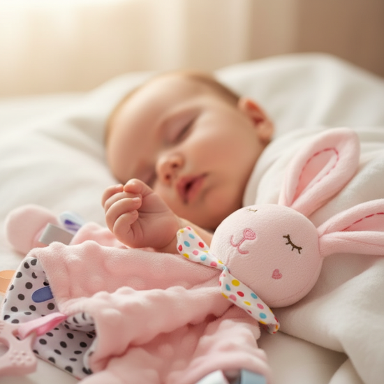 doudou bébé fille avec un Doudou lapin rose petite main bébé endormi