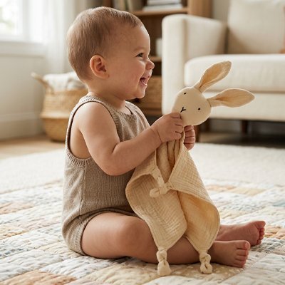 Doudou bébé garçon assis 