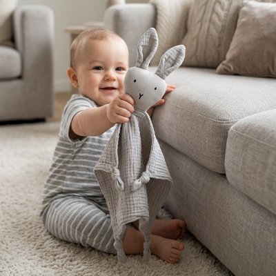 Doudou bébé garçon lapin gris 