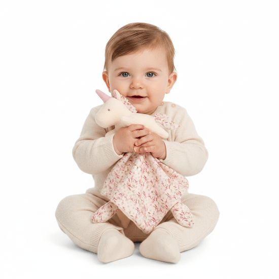Doudou BEBE Garcon licorne rose avec bébé garçon