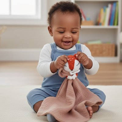 Doudou renard bebe petit garcon heureux