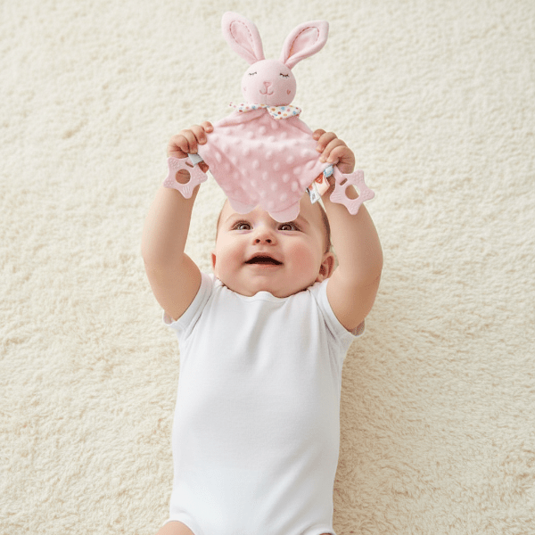 doudou Bébé fille émerveillée par le doudou lapin