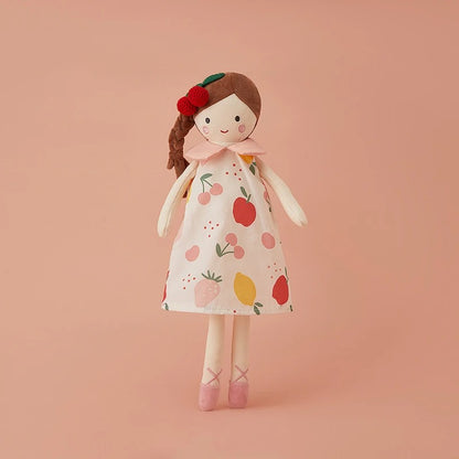doudou bébé fille poupée princesse avec une robe rose motifs fruits