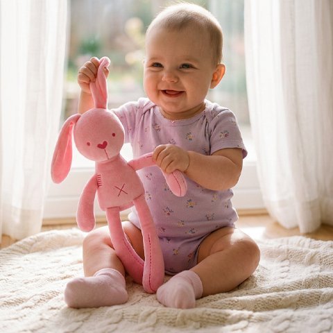 doudou bebe fille assis et lapin rose 