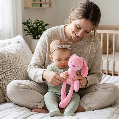 doudou bebe fille et lapin rose avec maman 