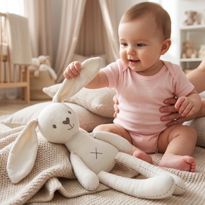 doudou bebe fille souriante assis avec maman et lapin blanc 