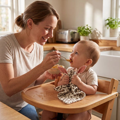 doudou mixte pour bébé maman nourrit bebe avec cuillere