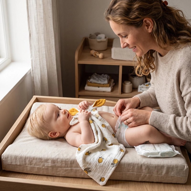 doudou mixte pour bébé sur le dos qui se fait changer de couche
