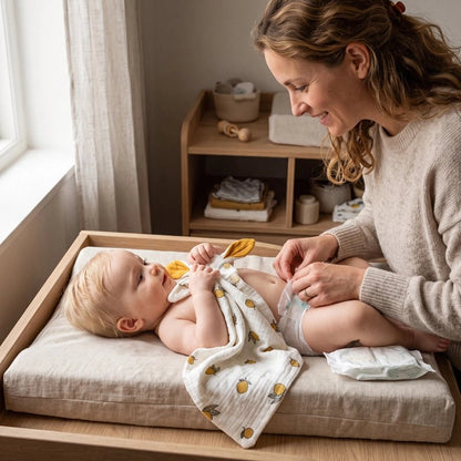 doudou mixte pour bébé sur le dos qui se fait changer de couche