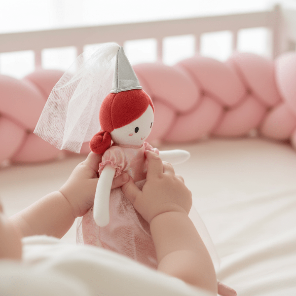 doudou naissance fille princesse Mains de bébé tenant la poupée princesse