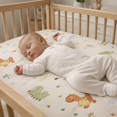 Drap housse lit bebe sur le dos qui dort 
