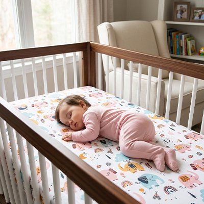 Drap housse lit bebe fillette en pyjama rose 