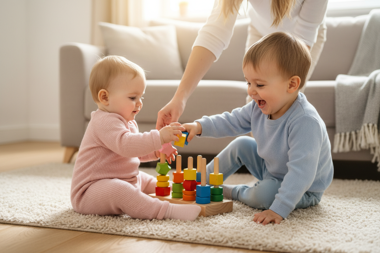 jouet montessori 1 an Fille rose garçon bleu mains maman