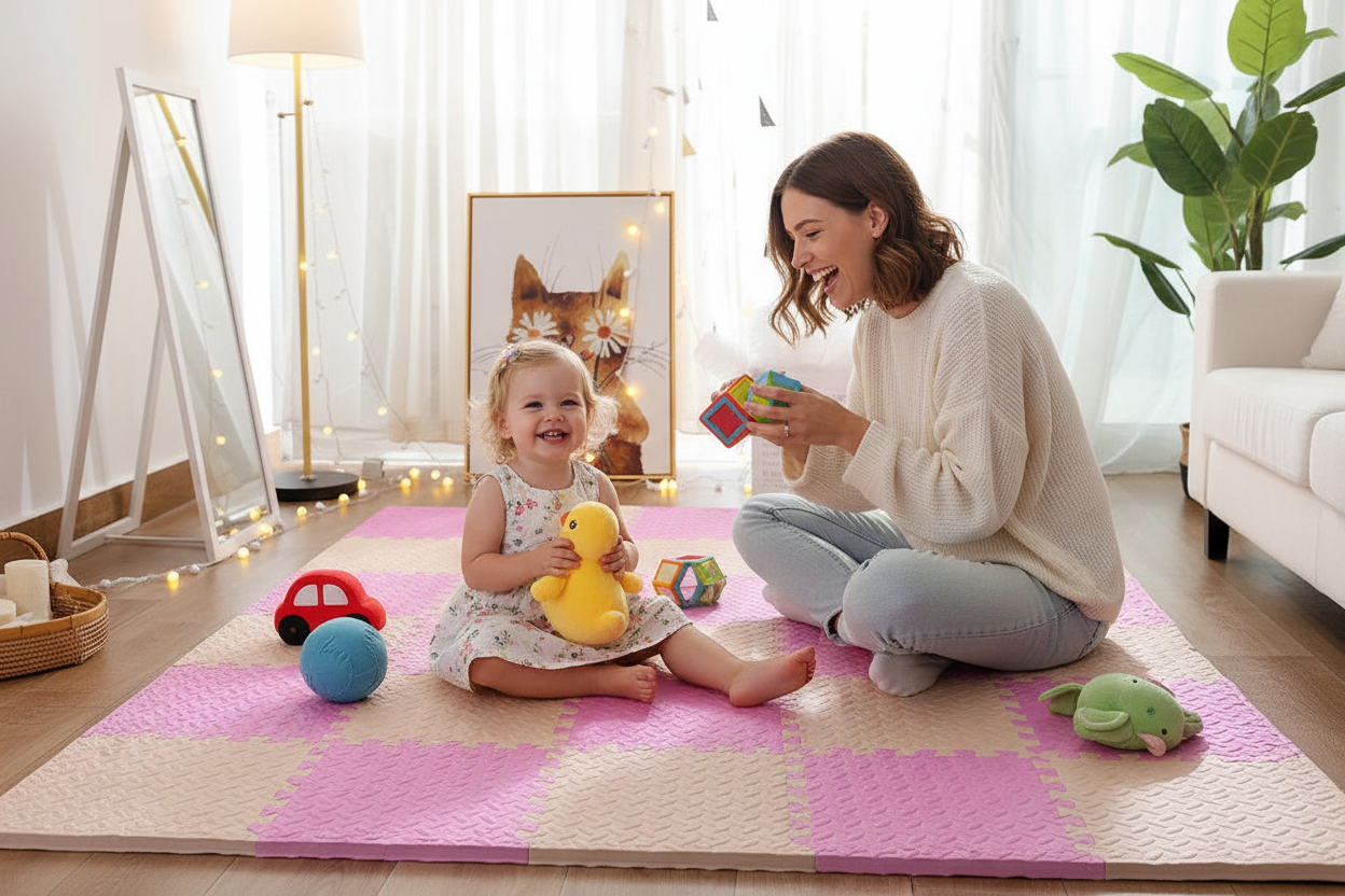 tapis d'éveil bébé fille et Fillette maman tapis rose beige salon jouets