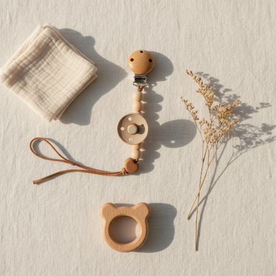 clip sucette
Flat lay attache tétine bois naturel