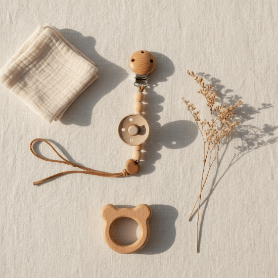 clip sucette
Flat lay attache tétine bois naturel