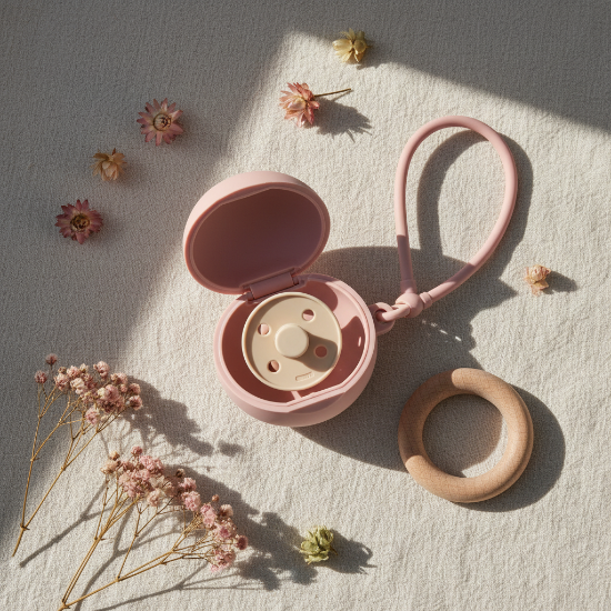 Boite a tetine Flat lay boîte tétine rose ouverte