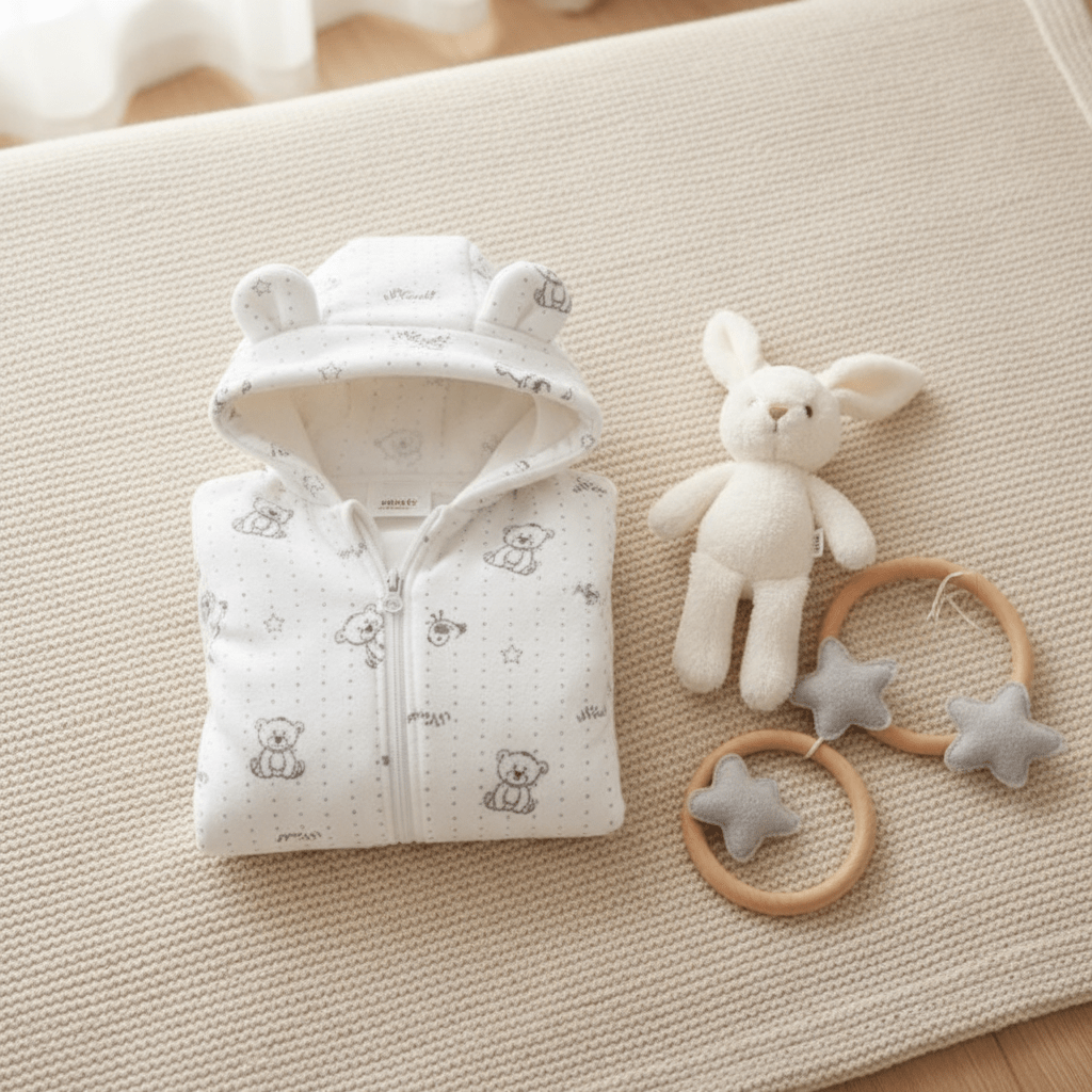 combinaison ourson bébé
Flat lay combinaison ourson lapin mobile fond crème