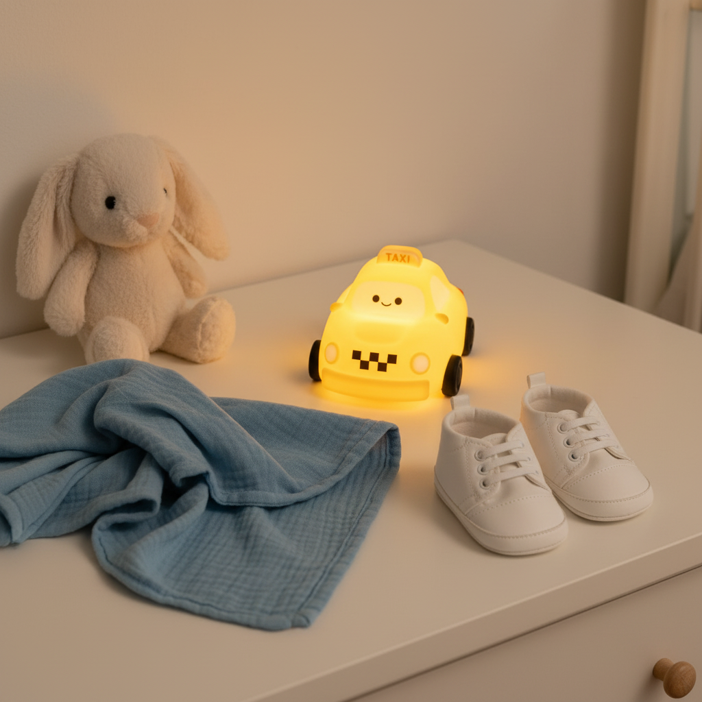 veilleuse douce et Flat lay commode blanche veilleuse taxi lapin