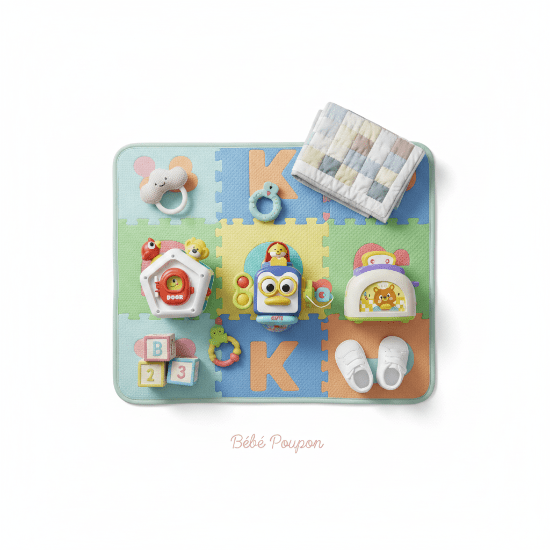 jouet eveil bebe 0-3 mois et petit Bébé avec jouets d'éveil Flat lay jouets bébé